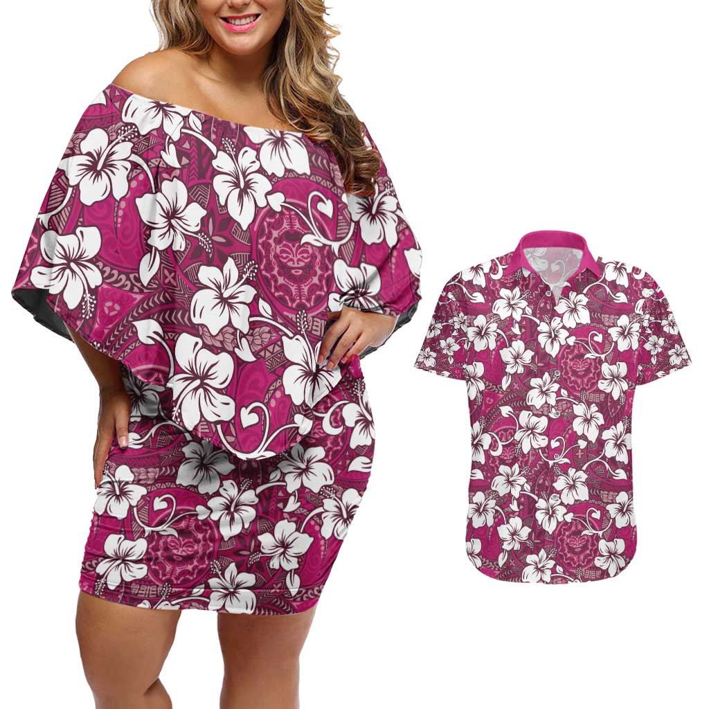 Piqi Bula Fiji Couples Matching Off Shoulder Short Dress and Hawaiian Shirt Fijian Tapa Seamless Hibiscus LT14 Pink - Polynesian Pride
