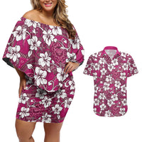 Piqi Bula Fiji Couples Matching Off Shoulder Short Dress and Hawaiian Shirt Fijian Tapa Seamless Hibiscus LT14 Pink - Polynesian Pride