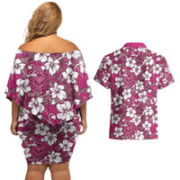Piqi Bula Fiji Couples Matching Off Shoulder Short Dress and Hawaiian Shirt Fijian Tapa Seamless Hibiscus LT14 - Polynesian Pride