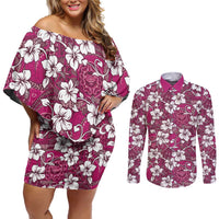 Piqi Bula Fiji Couples Matching Off Shoulder Short Dress and Long Sleeve Button Shirt Fijian Tapa Seamless Hibiscus LT14 Pink - Polynesian Pride