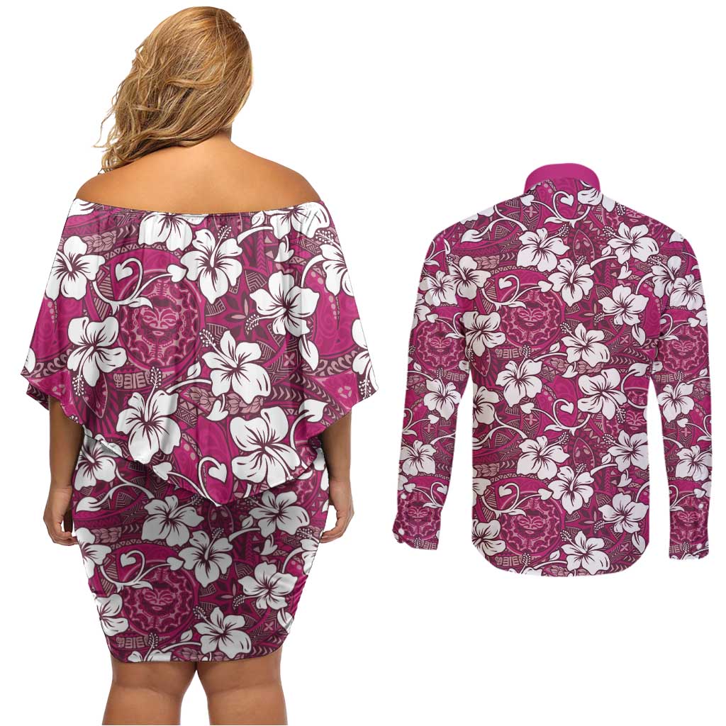 Piqi Bula Fiji Couples Matching Off Shoulder Short Dress and Long Sleeve Button Shirt Fijian Tapa Seamless Hibiscus LT14 - Polynesian Pride