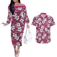 Piqi Bula Fiji Couples Matching Off The Shoulder Long Sleeve Dress and Hawaiian Shirt Fijian Tapa Seamless Hibiscus LT14 Pink - Polynesian Pride