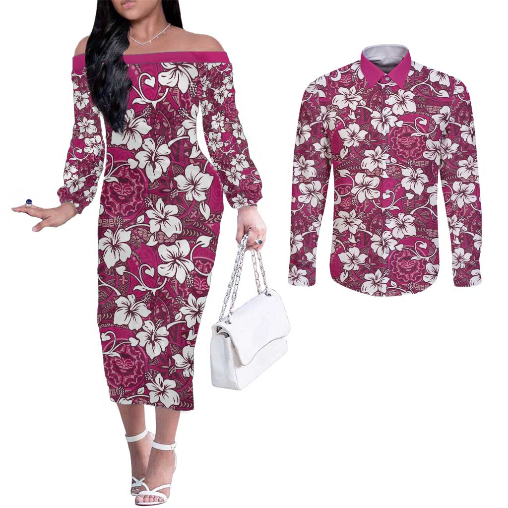 Piqi Bula Fiji Couples Matching Off The Shoulder Long Sleeve Dress and Long Sleeve Button Shirt Fijian Tapa Seamless Hibiscus - Polynesian Pride