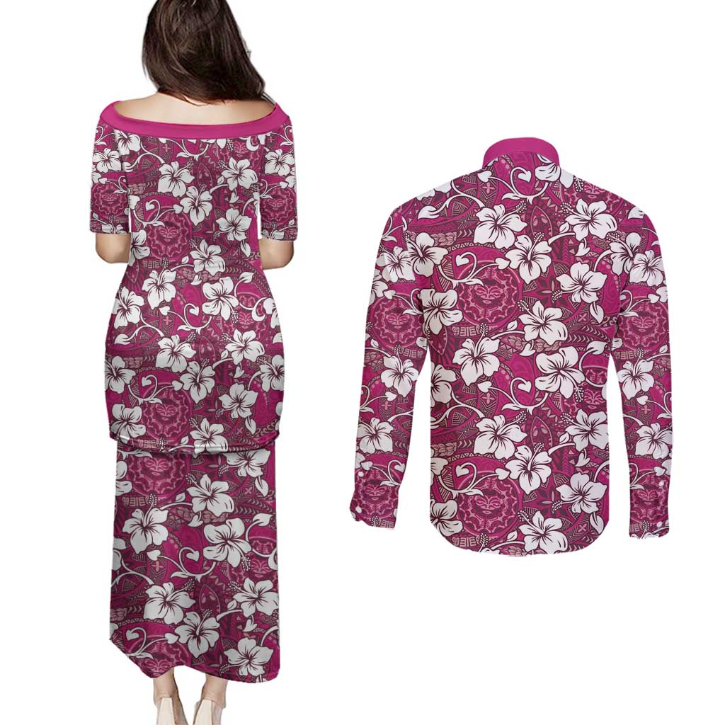 Piqi Bula Fiji Couples Matching Puletasi and Long Sleeve Button Shirt Fijian Tapa Seamless Hibiscus LT14 - Polynesian Pride