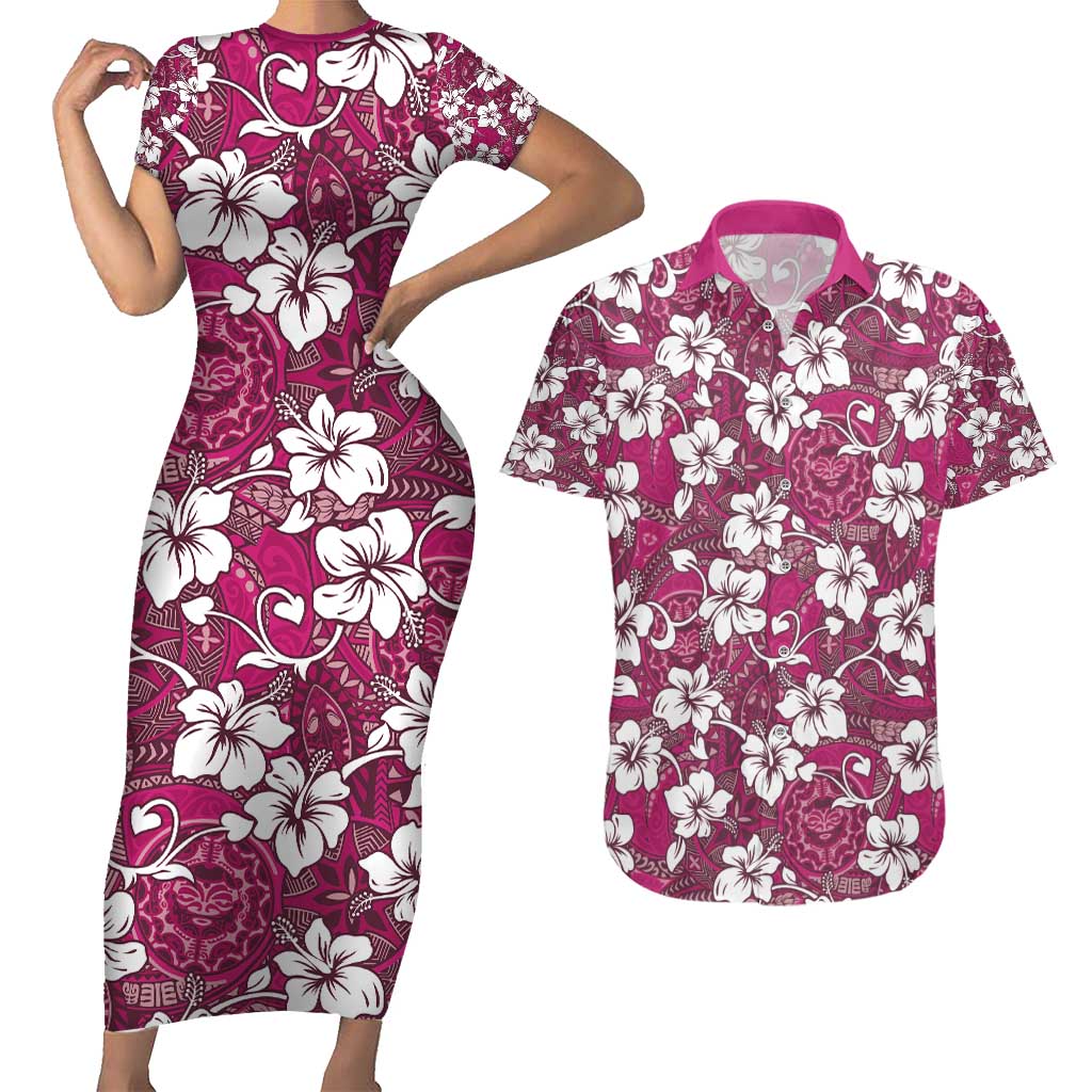 Piqi Bula Fiji Couples Matching Short Sleeve Bodycon Dress and Hawaiian Shirt Fijian Tapa Seamless Hibiscus LT14 Pink - Polynesian Pride