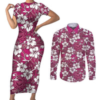 Piqi Bula Fiji Couples Matching Short Sleeve Bodycon Dress and Long Sleeve Button Shirt Fijian Tapa Seamless Hibiscus LT14 Pink - Polynesian Pride