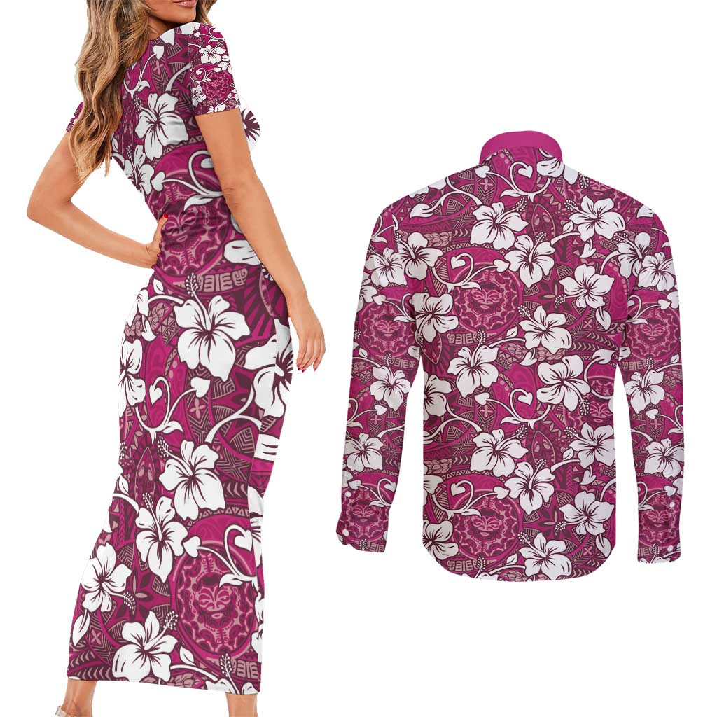 Piqi Bula Fiji Couples Matching Short Sleeve Bodycon Dress and Long Sleeve Button Shirt Fijian Tapa Seamless Hibiscus LT14 - Polynesian Pride