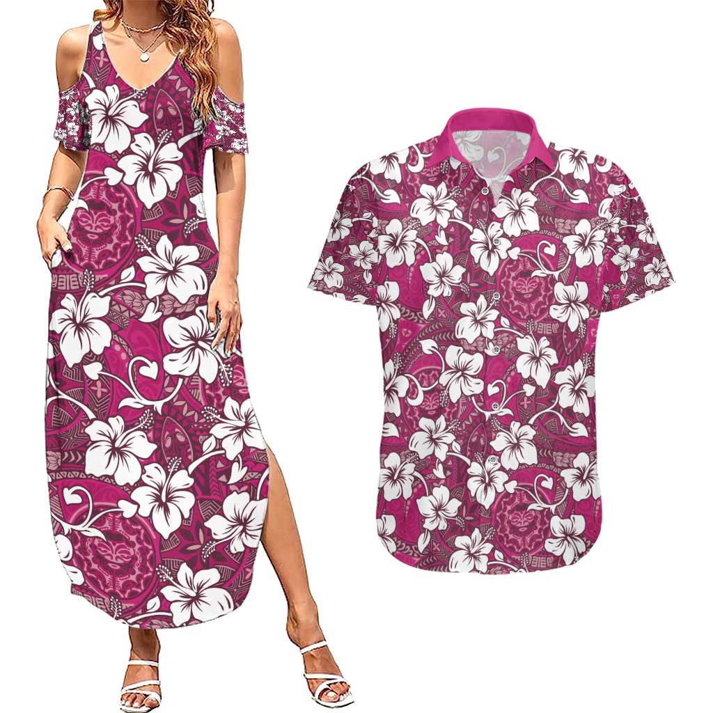 Piqi Bula Fiji Couples Matching Summer Maxi Dress and Hawaiian Shirt Fijian Tapa Seamless Hibiscus LT14 Pink - Polynesian Pride