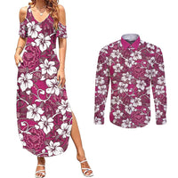 Piqi Bula Fiji Couples Matching Summer Maxi Dress and Long Sleeve Button Shirt Fijian Tapa Seamless Hibiscus LT14 Pink - Polynesian Pride