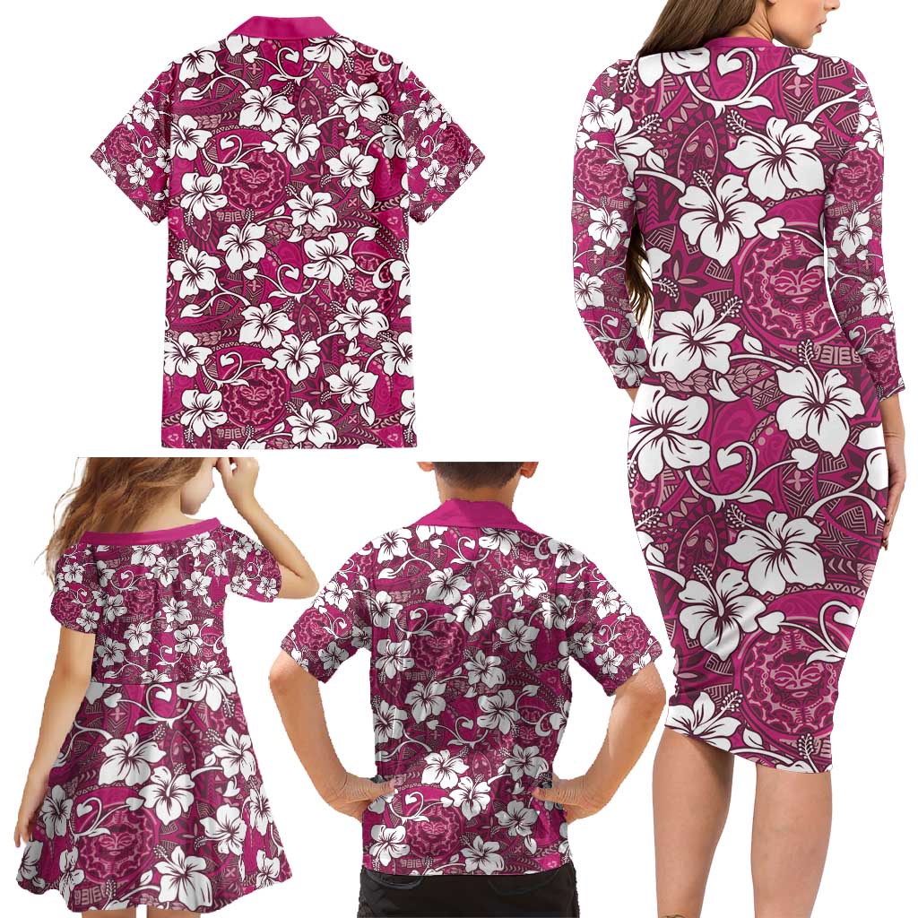 Piqi Bula Fiji Family Matching Long Sleeve Bodycon Dress and Hawaiian Shirt Fijian Tapa Seamless Hibiscus LT14 - Polynesian Pride