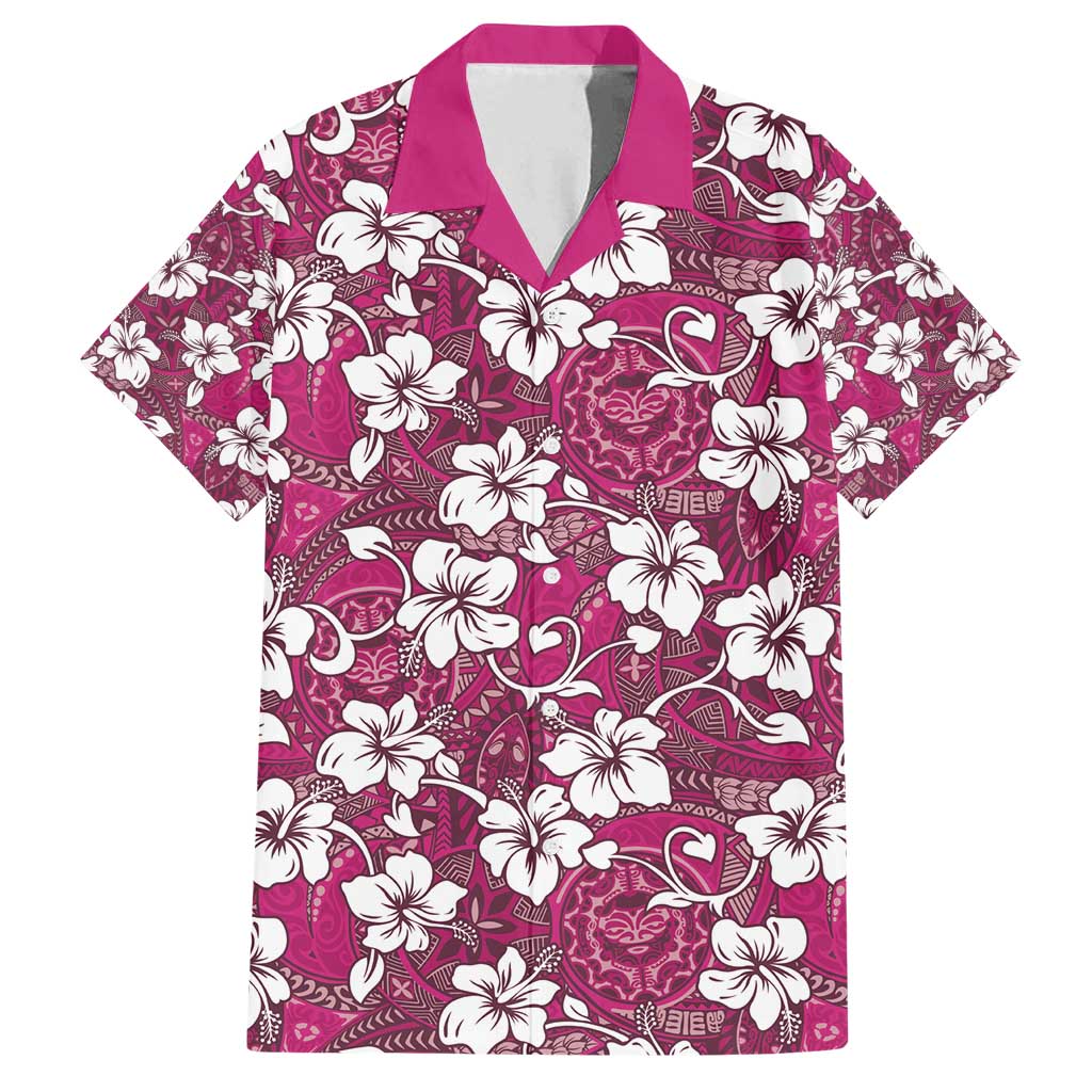 Piqi Bula Fiji Family Matching Long Sleeve Bodycon Dress and Hawaiian Shirt Fijian Tapa Seamless Hibiscus LT14 Dad's Shirt - Short Sleeve Pink - Polynesian Pride