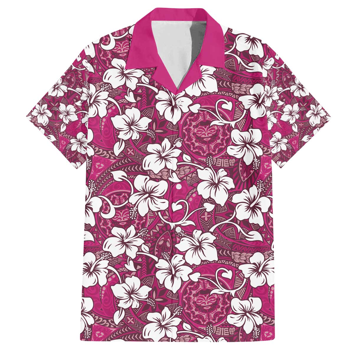 Piqi Bula Fiji Family Matching Off The Shoulder Long Sleeve Dress and Hawaiian Shirt Fijian Tapa Seamless Hibiscus LT14 Dad's Shirt - Short Sleeve Pink - Polynesian Pride