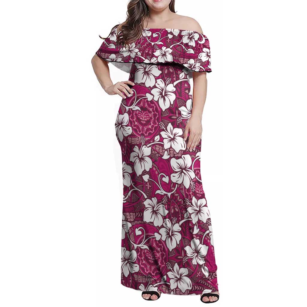 Piqi Bula Fiji Family Matching Off Shoulder Maxi Dress and Hawaiian Shirt Fijian Tapa Seamless Hibiscus LT14 Mom's Dress Pink - Polynesian Pride