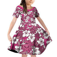 Piqi Bula Fiji Family Matching Off Shoulder Short Dress and Hawaiian Shirt Fijian Tapa Seamless Hibiscus LT14 Daughter's Dress Pink - Polynesian Pride