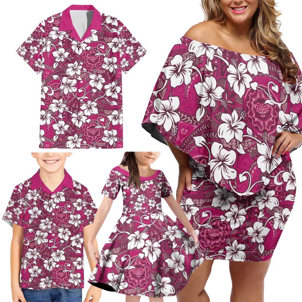 Piqi Bula Fiji Family Matching Off Shoulder Short Dress and Hawaiian Shirt Fijian Tapa Seamless Hibiscus LT14 - Polynesian Pride