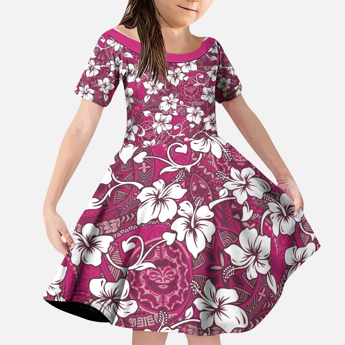 Piqi Bula Fiji Kid Short Sleeve Dress Fijian Tapa Seamless Hibiscus LT14 KID Pink - Polynesian Pride