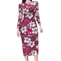 Piqi Bula Fiji Long Sleeve Bodycon Dress Fijian Tapa Seamless Hibiscus LT14 Long Dress Pink - Polynesian Pride