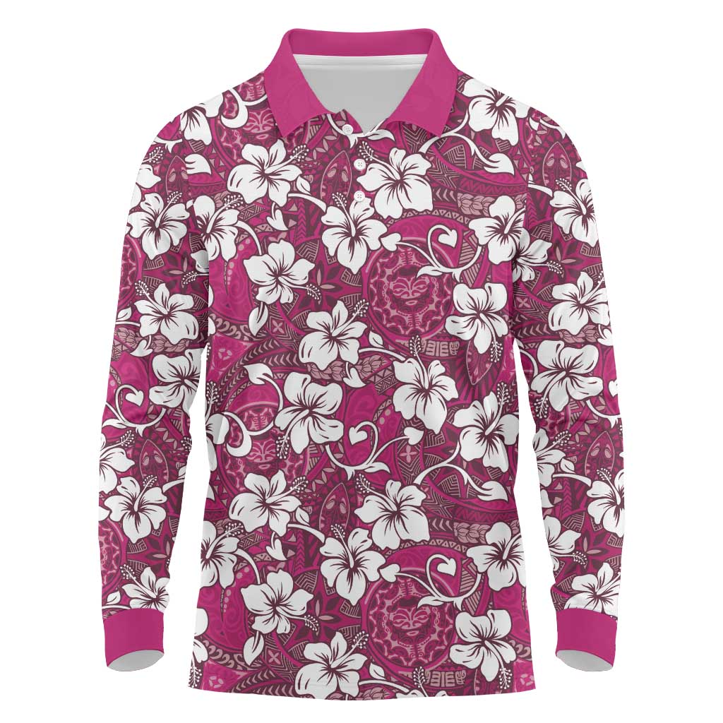 Piqi Bula Fiji Long Sleeve Polo Shirt Fijian Tapa Seamless Hibiscus LT14 Pink - Polynesian Pride