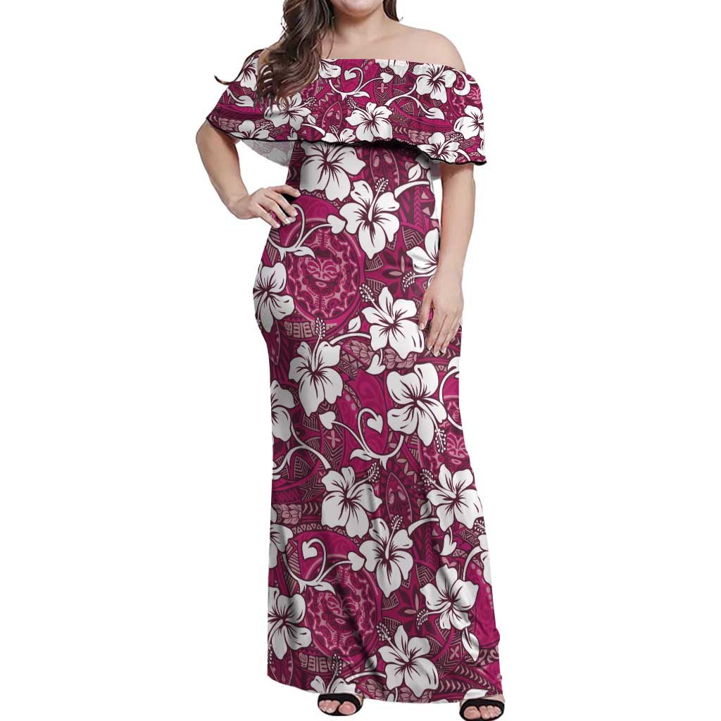 Piqi Bula Fiji Off Shoulder Maxi Dress Fijian Tapa Seamless Hibiscus LT14 Women Pink - Polynesian Pride