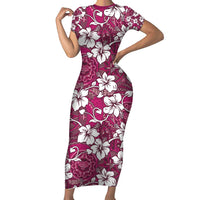 Piqi Bula Fiji Short Sleeve Bodycon Dress Fijian Tapa Seamless Hibiscus LT14 Long Dress Pink - Polynesian Pride