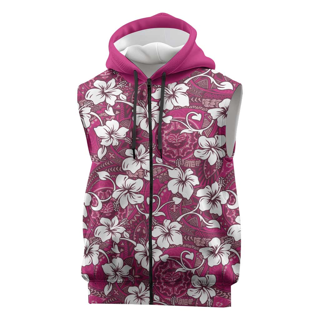 Piqi Bula Fiji Sleeveless Zip Hoodie Fijian Tapa Seamless Hibiscus LT14 Pink - Polynesian Pride