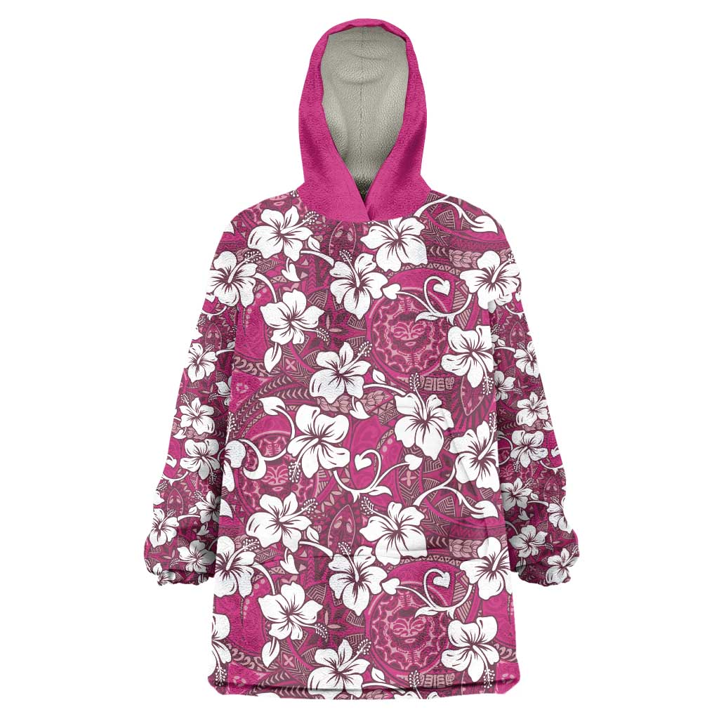 Piqi Bula Fiji Wearable Blanket Hoodie Fijian Tapa Seamless Hibiscus LT14 One Size Pink - Polynesian Pride