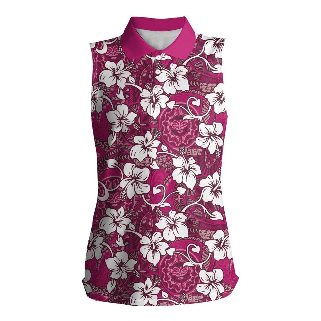 Piqi Bula Fiji Women Sleeveless Polo Shirt Fijian Tapa Seamless Hibiscus LT14 Female Pink - Polynesian Pride