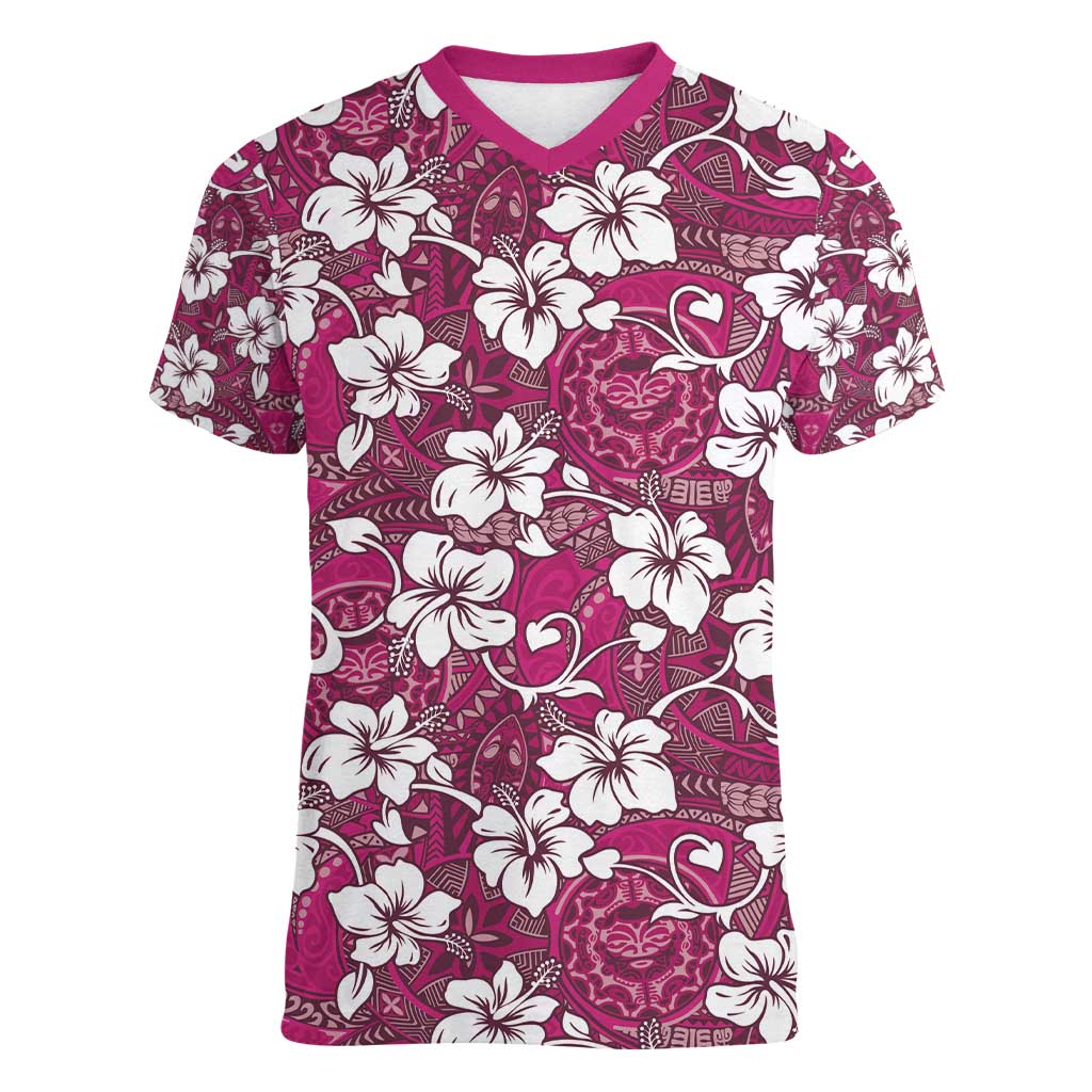 Piqi Bula Fiji Women V-Neck T-Shirt Fijian Tapa Seamless Hibiscus LT14 Female Pink - Polynesian Pride