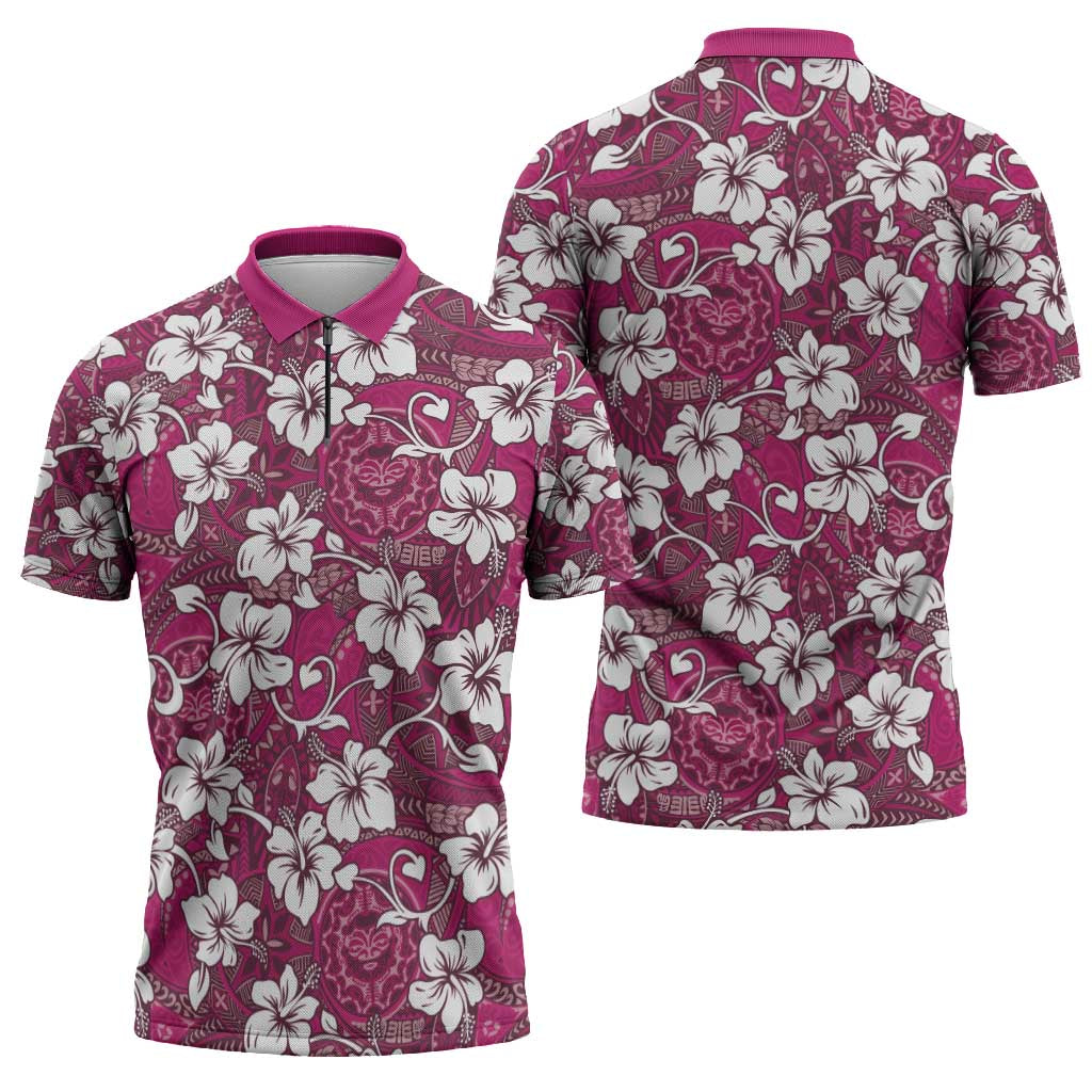Piqi Bula Fiji Zipper Polo Shirt Fijian Tapa Seamless Hibiscus LT14 - Polynesian Pride
