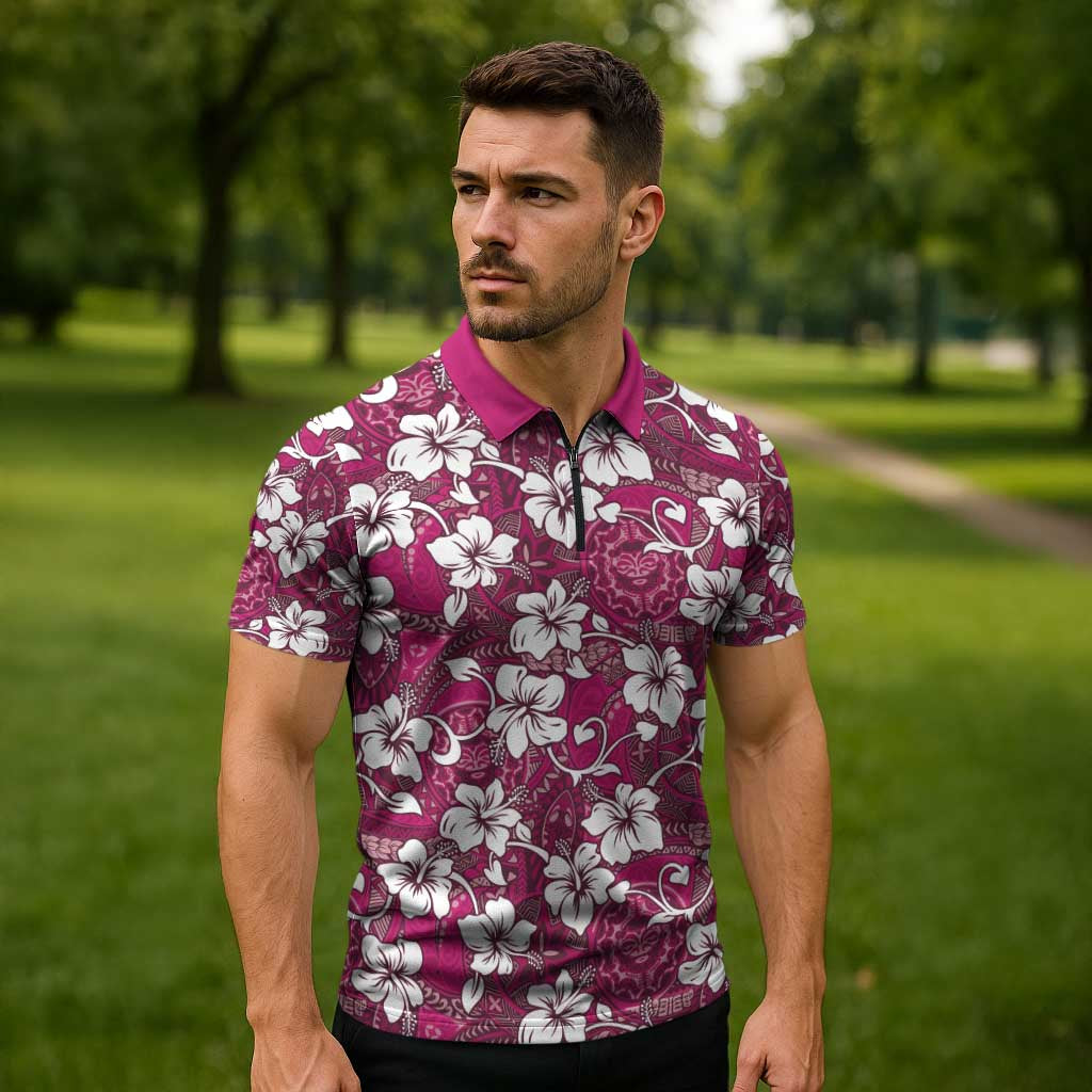 Piqi Bula Fiji Zipper Polo Shirt Fijian Tapa Seamless Hibiscus LT14 - Polynesian Pride