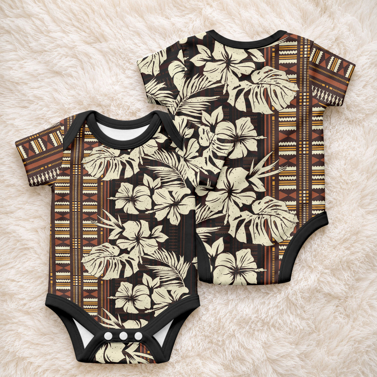Bula Fiji Masi Baby Onesie Tapa Tropical Hibiscus Half Stylized