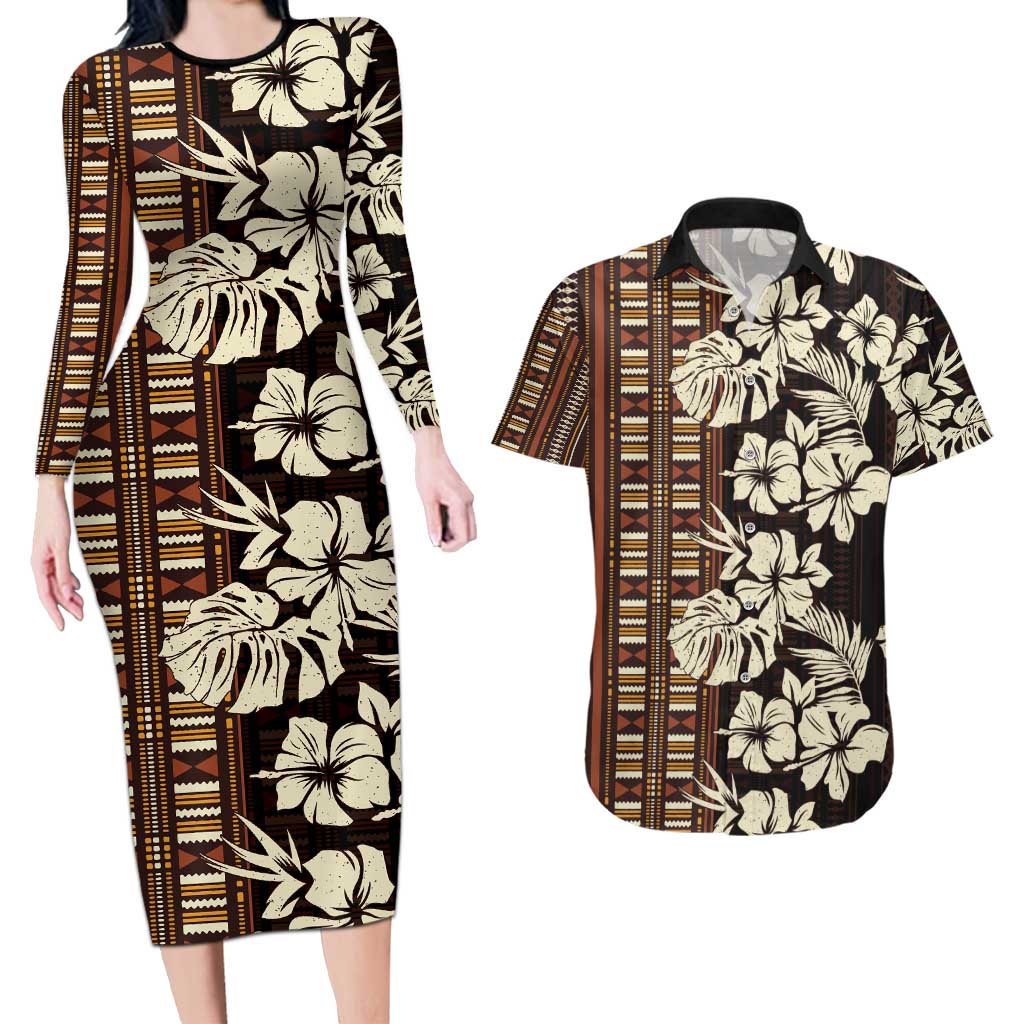 Bula Fiji Masi Couples Matching Long Sleeve Bodycon Dress and Hawaiian Shirt Tapa Tropical Hibiscus Half Stylized LT14 Brown - Polynesian Pride
