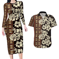 Bula Fiji Masi Couples Matching Long Sleeve Bodycon Dress and Hawaiian Shirt Tapa Tropical Hibiscus Half Stylized LT14 Brown - Polynesian Pride