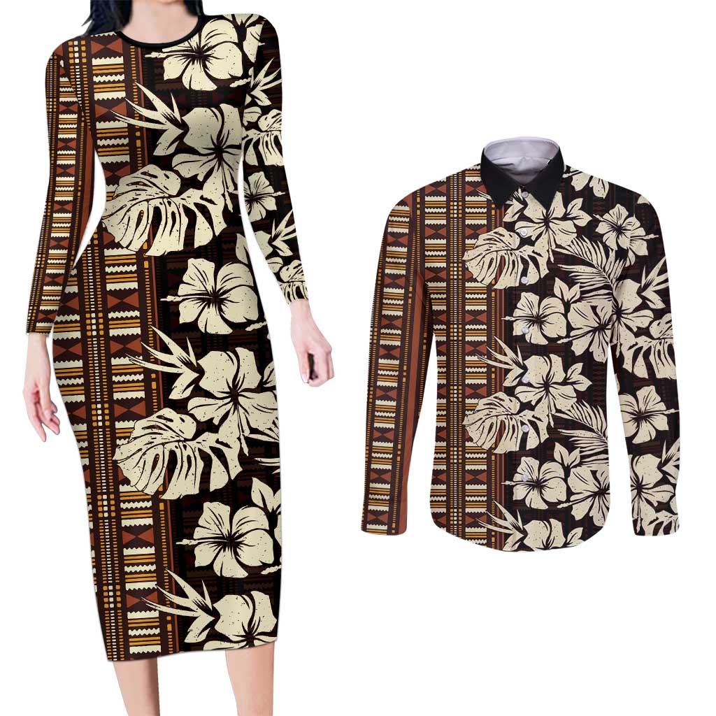 Bula Fiji Masi Couples Matching Long Sleeve Bodycon Dress and Long Sleeve Button Shirt Tapa Tropical Hibiscus Half Stylized LT14 Brown - Polynesian Pride