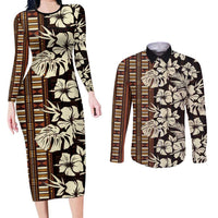 Bula Fiji Masi Couples Matching Long Sleeve Bodycon Dress and Long Sleeve Button Shirt Tapa Tropical Hibiscus Half Stylized LT14 Brown - Polynesian Pride