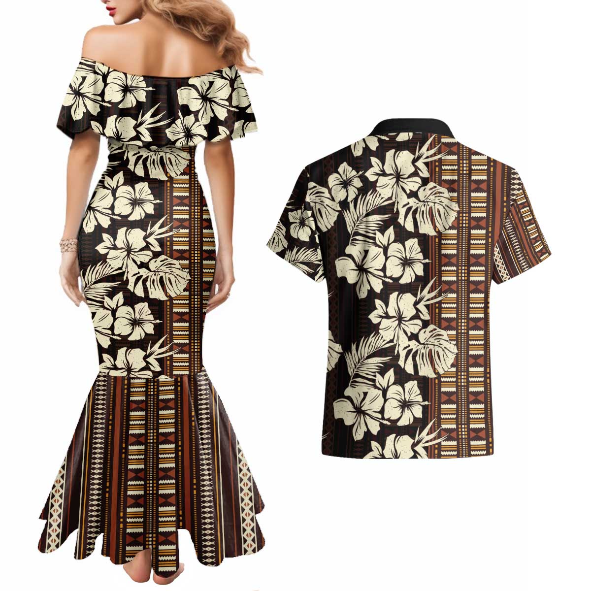 Bula Fiji Masi Couples Matching Mermaid Dress and Hawaiian Shirt Tapa Tropical Hibiscus Half Stylized LT14 - Polynesian Pride