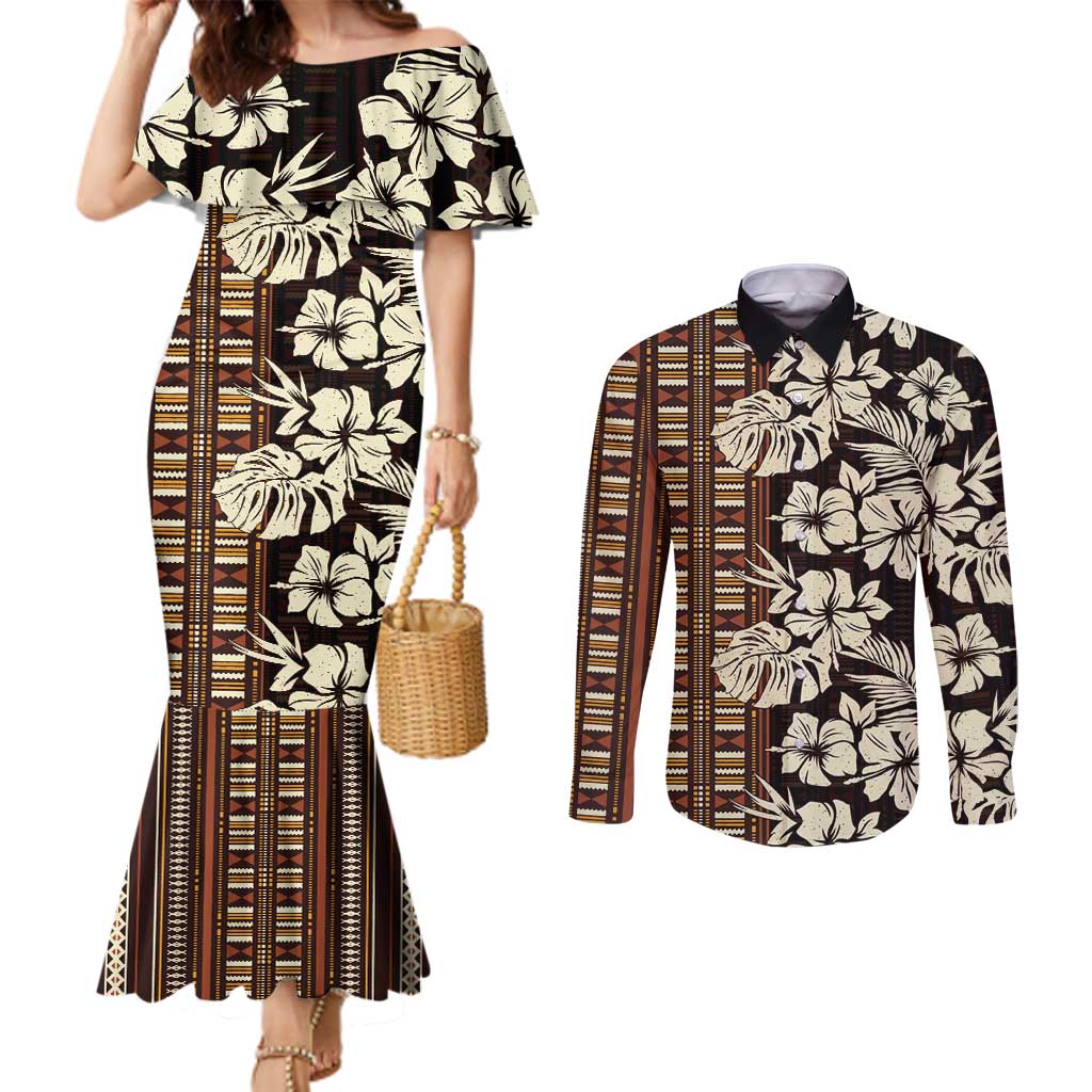 Bula Fiji Masi Couples Matching Mermaid Dress and Long Sleeve Button Shirt Tapa Tropical Hibiscus Half Stylized LT14 Brown - Polynesian Pride
