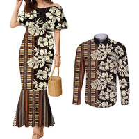 Bula Fiji Masi Couples Matching Mermaid Dress and Long Sleeve Button Shirt Tapa Tropical Hibiscus Half Stylized LT14 Brown - Polynesian Pride
