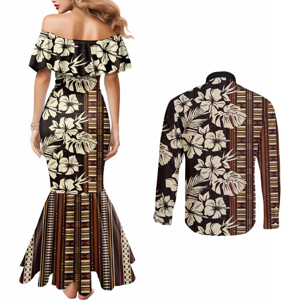 Bula Fiji Masi Couples Matching Mermaid Dress and Long Sleeve Button Shirt Tapa Tropical Hibiscus Half Stylized LT14 - Polynesian Pride