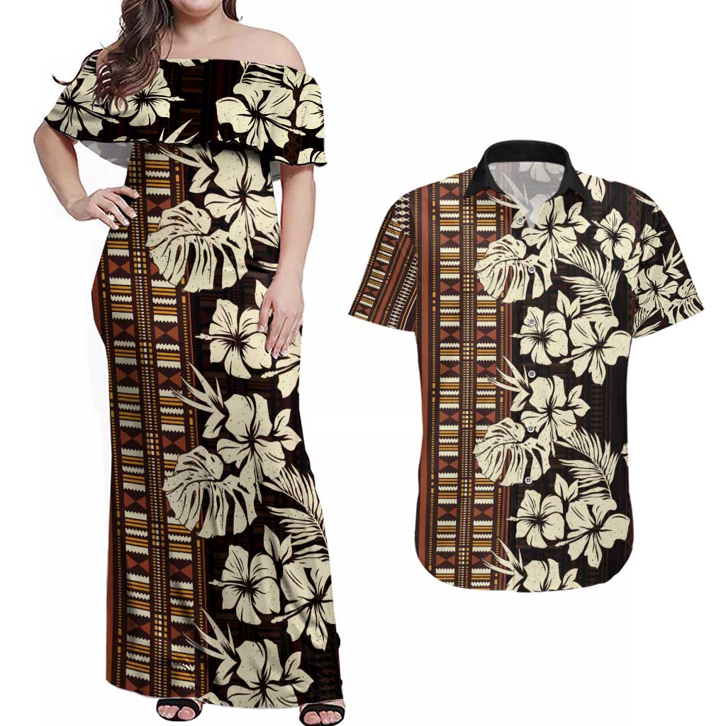 Bula Fiji Masi Couples Matching Off Shoulder Maxi Dress and Hawaiian Shirt Tapa Tropical Hibiscus Half Stylized LT14 Brown - Polynesian Pride