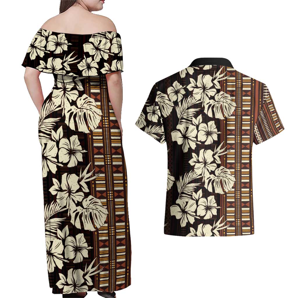 Bula Fiji Masi Couples Matching Off Shoulder Maxi Dress and Hawaiian Shirt Tapa Tropical Hibiscus Half Stylized LT14 - Polynesian Pride