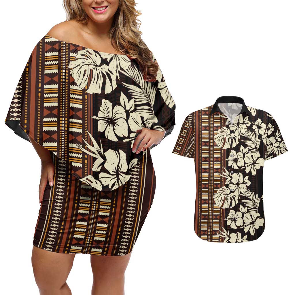 Bula Fiji Masi Couples Matching Off Shoulder Short Dress and Hawaiian Shirt Tapa Tropical Hibiscus Half Stylized LT14 Brown - Polynesian Pride
