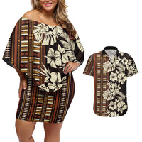 Bula Fiji Masi Couples Matching Off Shoulder Short Dress and Hawaiian Shirt Tapa Tropical Hibiscus Half Stylized LT14 Brown - Polynesian Pride