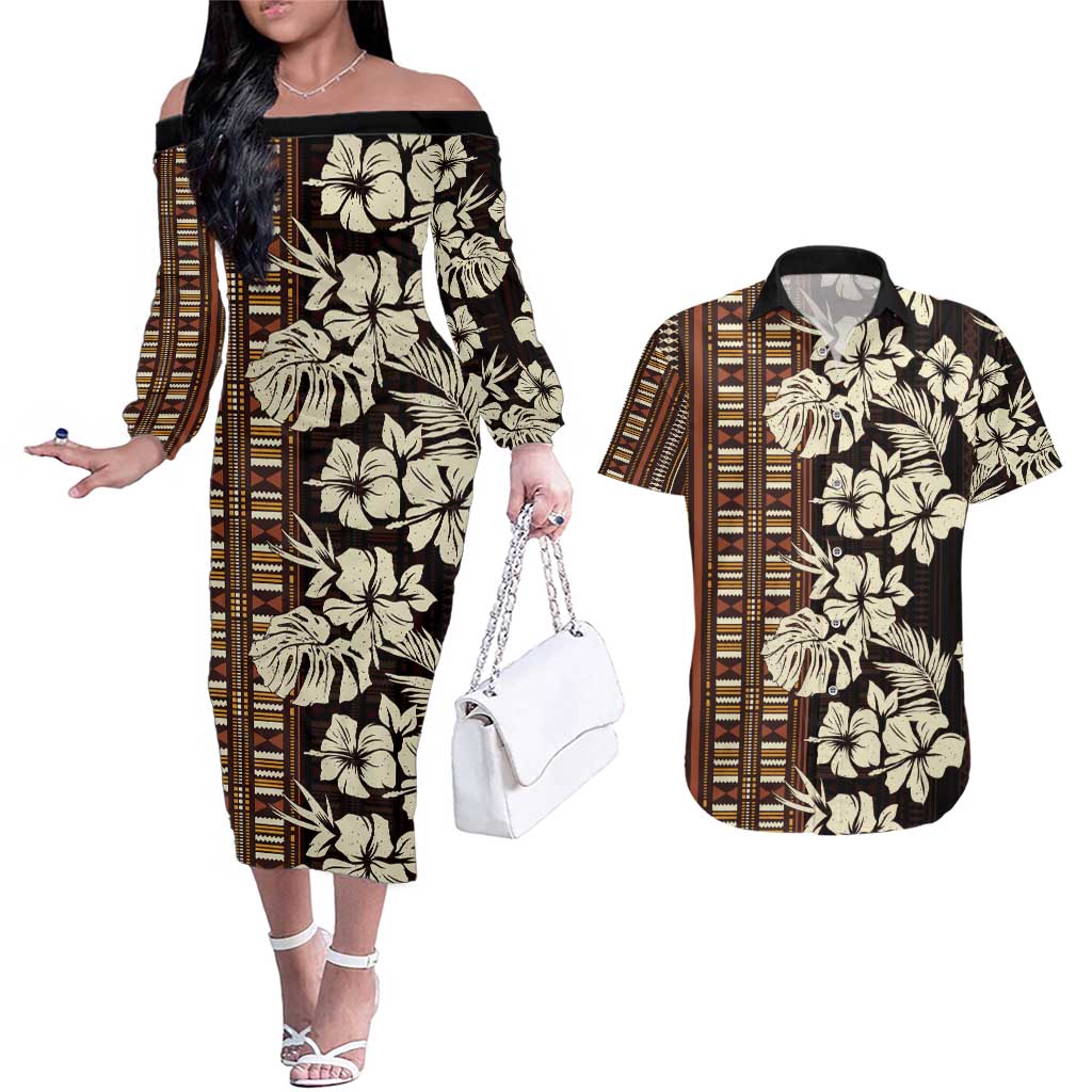 Bula Fiji Masi Couples Matching Off The Shoulder Long Sleeve Dress and Hawaiian Shirt Tapa Tropical Hibiscus Half Stylized LT14 Brown - Polynesian Pride