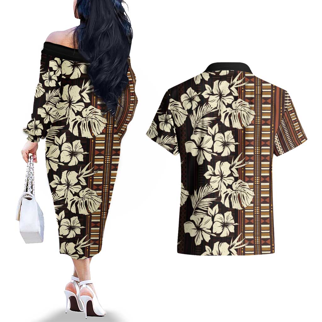 Bula Fiji Masi Couples Matching Off The Shoulder Long Sleeve Dress and Hawaiian Shirt Tapa Tropical Hibiscus Half Stylized LT14 - Polynesian Pride