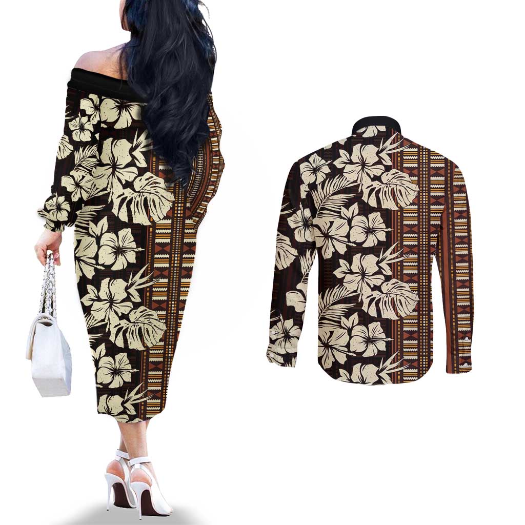 Bula Fiji Masi Couples Matching Off The Shoulder Long Sleeve Dress and Long Sleeve Button Shirt Tapa Tropical Hibiscus Half Stylized LT14 - Polynesian Pride
