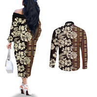 Bula Fiji Masi Couples Matching Off The Shoulder Long Sleeve Dress and Long Sleeve Button Shirt Tapa Tropical Hibiscus Half Stylized LT14 - Polynesian Pride