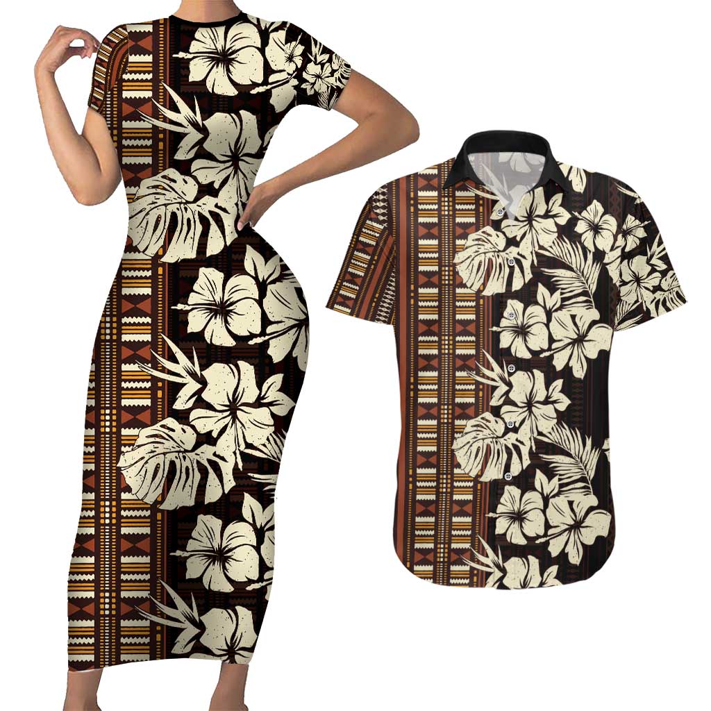 Bula Fiji Masi Couples Matching Short Sleeve Bodycon Dress and Hawaiian Shirt Tapa Tropical Hibiscus Half Stylized LT14 Brown - Polynesian Pride