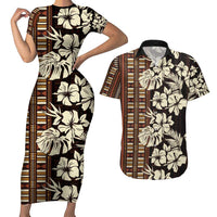 Bula Fiji Masi Couples Matching Short Sleeve Bodycon Dress and Hawaiian Shirt Tapa Tropical Hibiscus Half Stylized LT14 Brown - Polynesian Pride