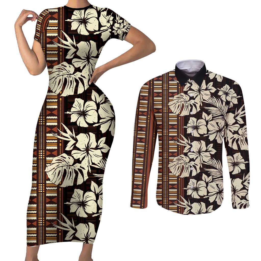 Bula Fiji Masi Couples Matching Short Sleeve Bodycon Dress and Long Sleeve Button Shirt Tapa Tropical Hibiscus Half Stylized LT14 Brown - Polynesian Pride